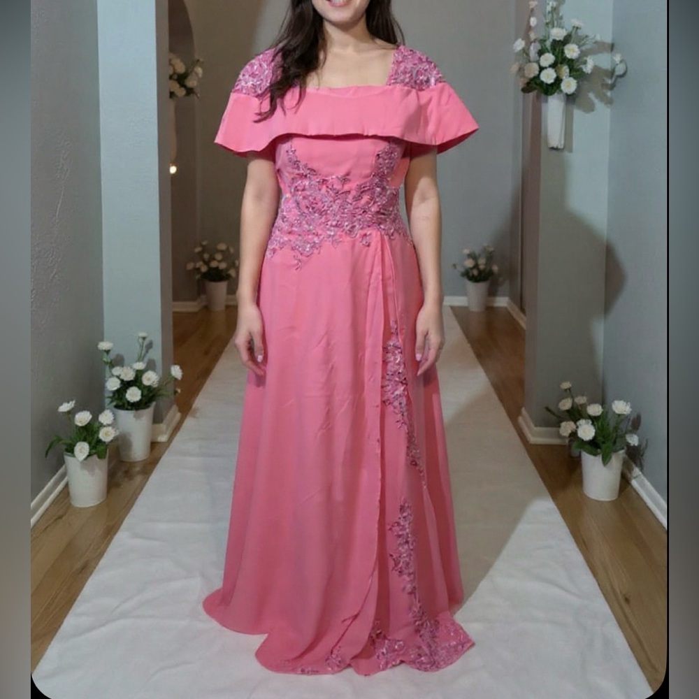 #13 Coral Off-the-Shoulder Embellished Crepe Chiffon Gown-Large/Size 12